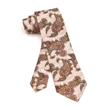 Cravata clasica crem cu imprimeu paisley floral multicolor
