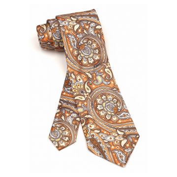 Cravata clasica maro cu imprimeu paisley auriu
