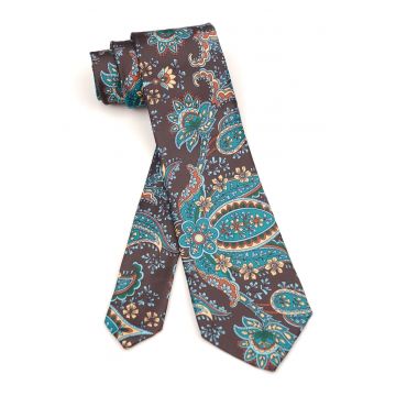 Cravata clasica maro cu imprimeu paisley verde si auriu