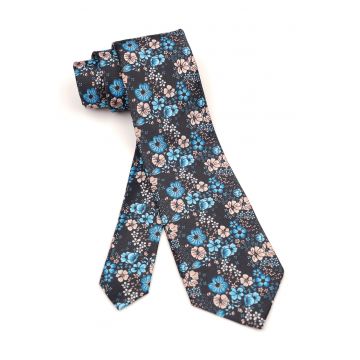 Cravata clasica neagra cu imprimeu floral albastru si bej