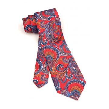 Cravata clasica rosie cu model paisley albastru si portocaliu