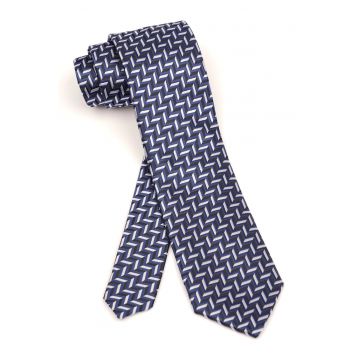 Cravata navy din matase cu model geometric alb-gri