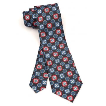 Cravata neagra cu model geometric rosu si albastru