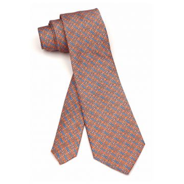 Cravata portocalie clasica cu model geometric albastru