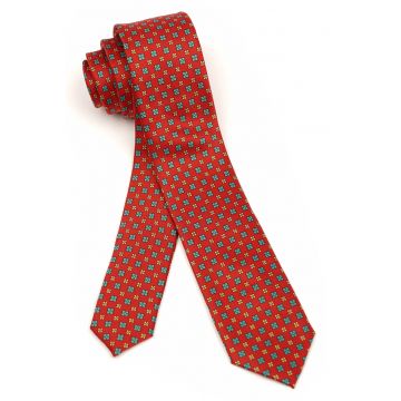 Cravata slim rosie din matase cu model floral albastru-galben