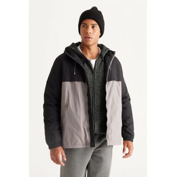 Jacheta cu buzunare cu fermoar si gluga - Negru/Gri inchis