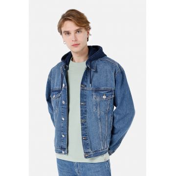 Jacheta din denim cu gluga detasabila - Albastru inchis