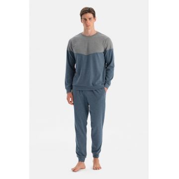 Pijama lunga cu model colorblock - Gri/Albastru inchis