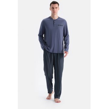 Pijama lunga din amestec de modal - Negru/Albastru indigo