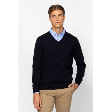 Pulover tricotat fin cu decolteu in V - Bleumarin