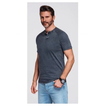 Tricou cu efect decolorat si nasturi la decolteu  OM-TSWT-0150 - Albastru inchis