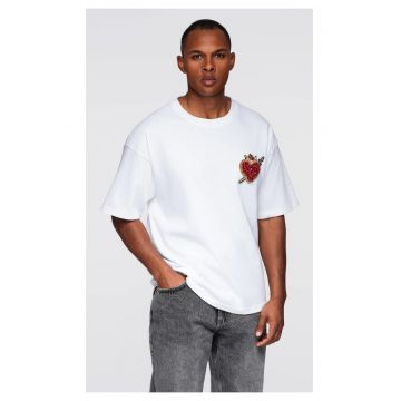 Tricou din bumbac cu aplicatie bijuterie pe piept  OM-TSCT-0290 - Alb