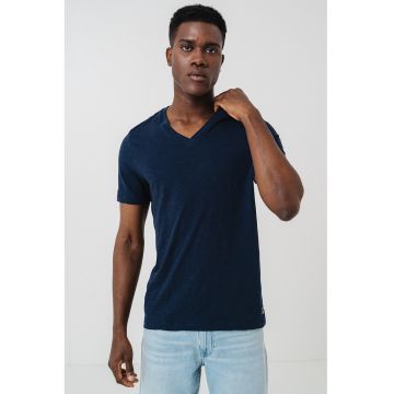 Tricou din bumbac cu decolteu in V - Bleumarin