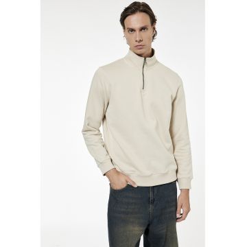 Bluza de trening cu fenta cu fermoar si model uni - Alb fildes
