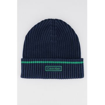 Caciula striata din amestec de bumbac organic cu aplicatie logo - Verde/Bleumarin