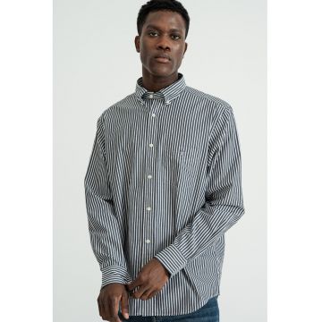 Camasa de bumbac cu model in dungi si maneci lungi - Alb/Negru stins