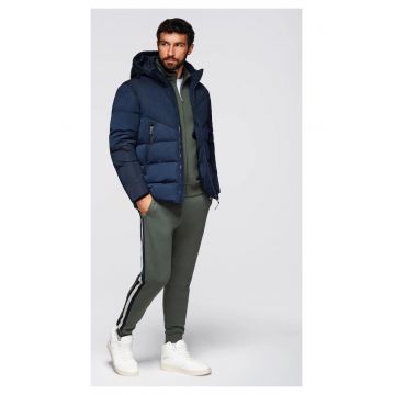 Geacă cu matlasare asimetrică și glugă  OM-JAHP-0304 - Albastru inchis