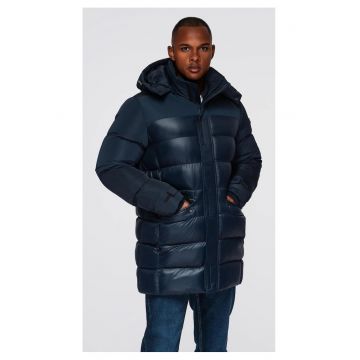 Geaca matlasata cu guler inalt si gluga  OM-JALJ-0266 - Albastru inchis