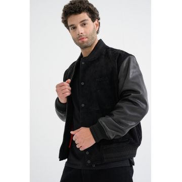 Jacheat bomber de piele intoarsa cu maneci de piele - Negru