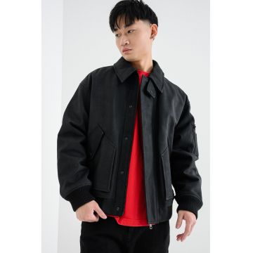 Jacheta-camasa din piele nabuc cu buzunare multiple Lardin - Negru