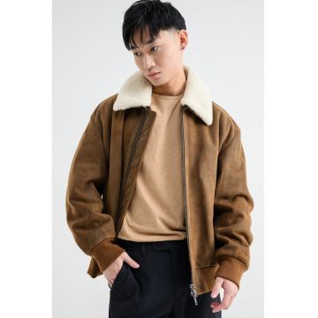 Jacheta-camasa din piele nabuc cu garnitura din blana Jonier - Caramel