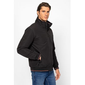 Jacheta cu fermoar si terminatie cu mansete in dungi - Negru