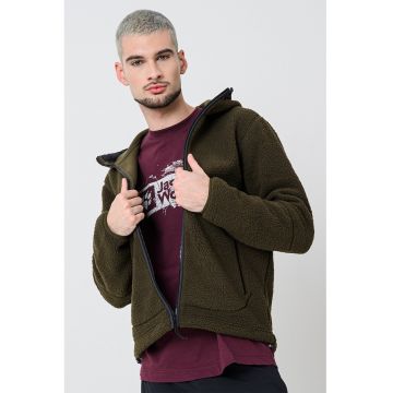 Jacheta cu gluga din blana sherpa - Kaki inchis