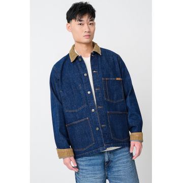 Jacheta din denim cu guler din reiat - Albastru inchis/Maro deschis