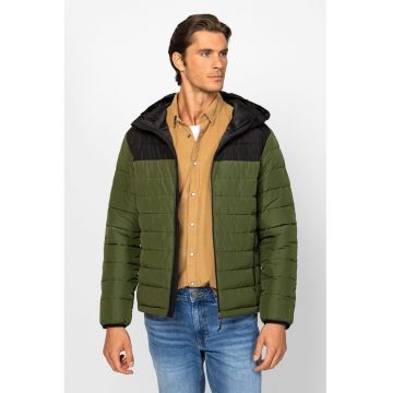 Jacheta matlasata cu gluga si buzunare cu fermoar - Negru/Verde sparanghel