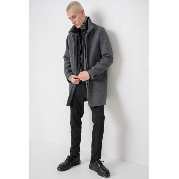 Palton din amestec de lana - Gri inchis melange/Gri inchis