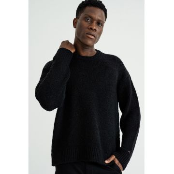 Pulover din amestec de lana alpaca a cu maneci cazute - Negru