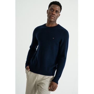Pulover din lana cu logo discret - Albastru ultramarin