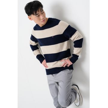 Pulover din lana cu logo discret - Bej deschis/Bleumarin