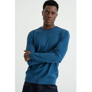 Pulover din lana merinos cu decolteu la baza gatului - Albastru inchis