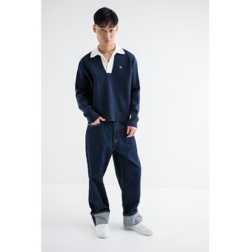 Pulover polo lejer - Alb/Bleumarin