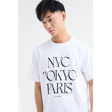 Tricou cu decolteu la baza gatului si text - Alb/Negru