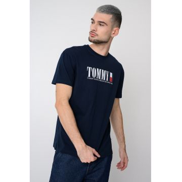 Tricou cu imprimeu logo si decolteu la baza gatului - Bleumarin