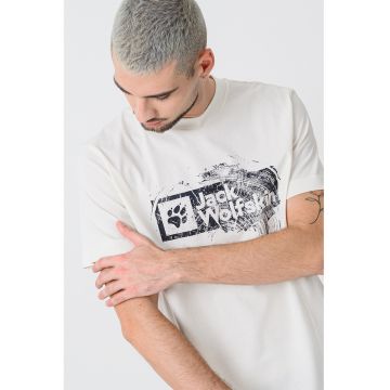 Tricou cu imprimeu si decolteu la baza gatului - Alb fildes/Negru