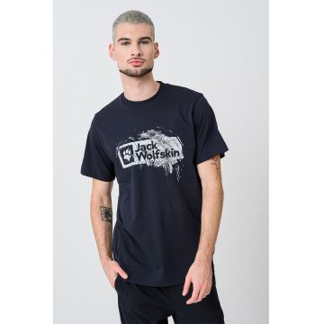 Tricou cu imprimeu si decolteu la baza gatului - Albastru ultramarin/Alb murdar