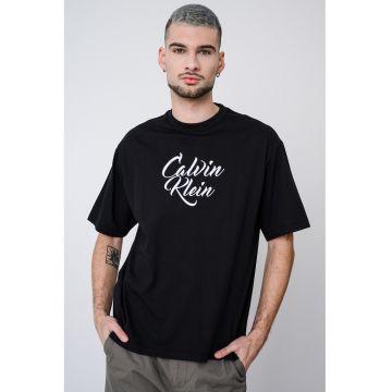 Tricou de bumbac cu decolteu la baza gatului si logo - Negru