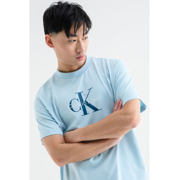 Tricou din bumbac cu imprimeu logo - Albastru aquamarin/Albastru petrol