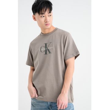 Tricou din bumbac cu imprimeu logo - Maro taupe/Kaki inchis