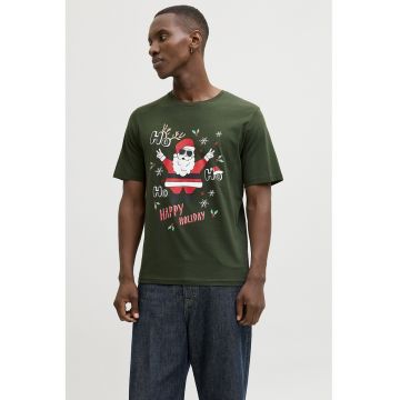 Tricou din bumbac cu imprimeu tematic de Craciun - Verde inchis
