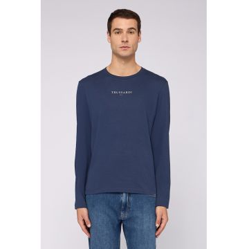 Bluza cu decolteu la baza gatului - model uni si detaliu cu logo discret - Albastru inchis