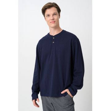 Bluza cu maneci lungi si decolteu henley - Albastru ultramarin