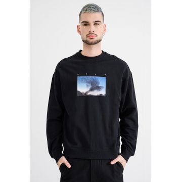 Bluza de trening cu imprimeu foto si decolteu la baza gatului - Negru/Albastru