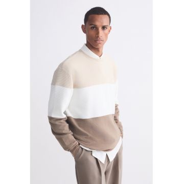 Bluza de trening cu model colorblock si decolteu la baza gatului - Alb/Bej