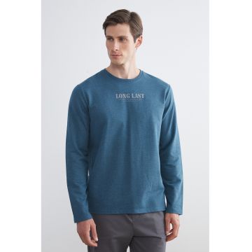 Bluza din amestec de bumbac cu imprimeu text - Albastru glaciar