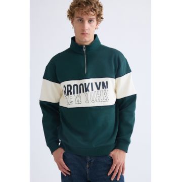 Bluza lejera de trening cu fermoar scurt - Alb fildes/Albastru petrol