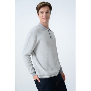 Bluza polo tricotata cu mansete elastice - Gri deschis melange